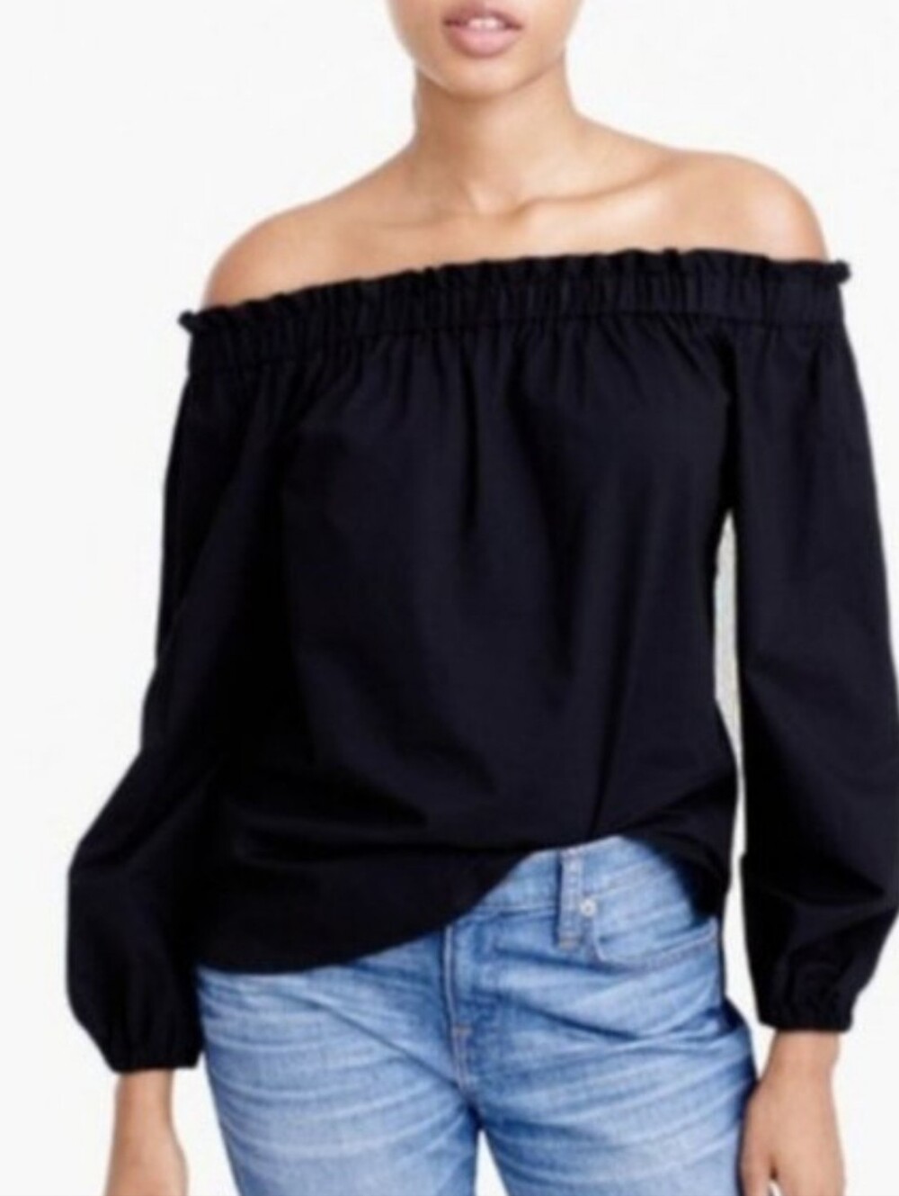 ​J. Crew Black Off The Shoulder Ruffle Long Balloon Sleeve 100% Cotton Top Sz 6